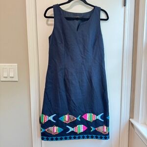 Talbots Navy‎ Blue Sleeveless Dress Colorful Fish Embroidered Cotton Blend, 4